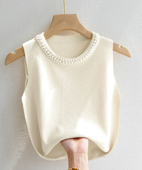 パール付きトップスノースリーブニット夏服 袖なしサマーニットレディース インナートップスきれいめ プルオーバーニットシンプルおしゃれ オフィスカジュアル トップス 2XIAOLL-001